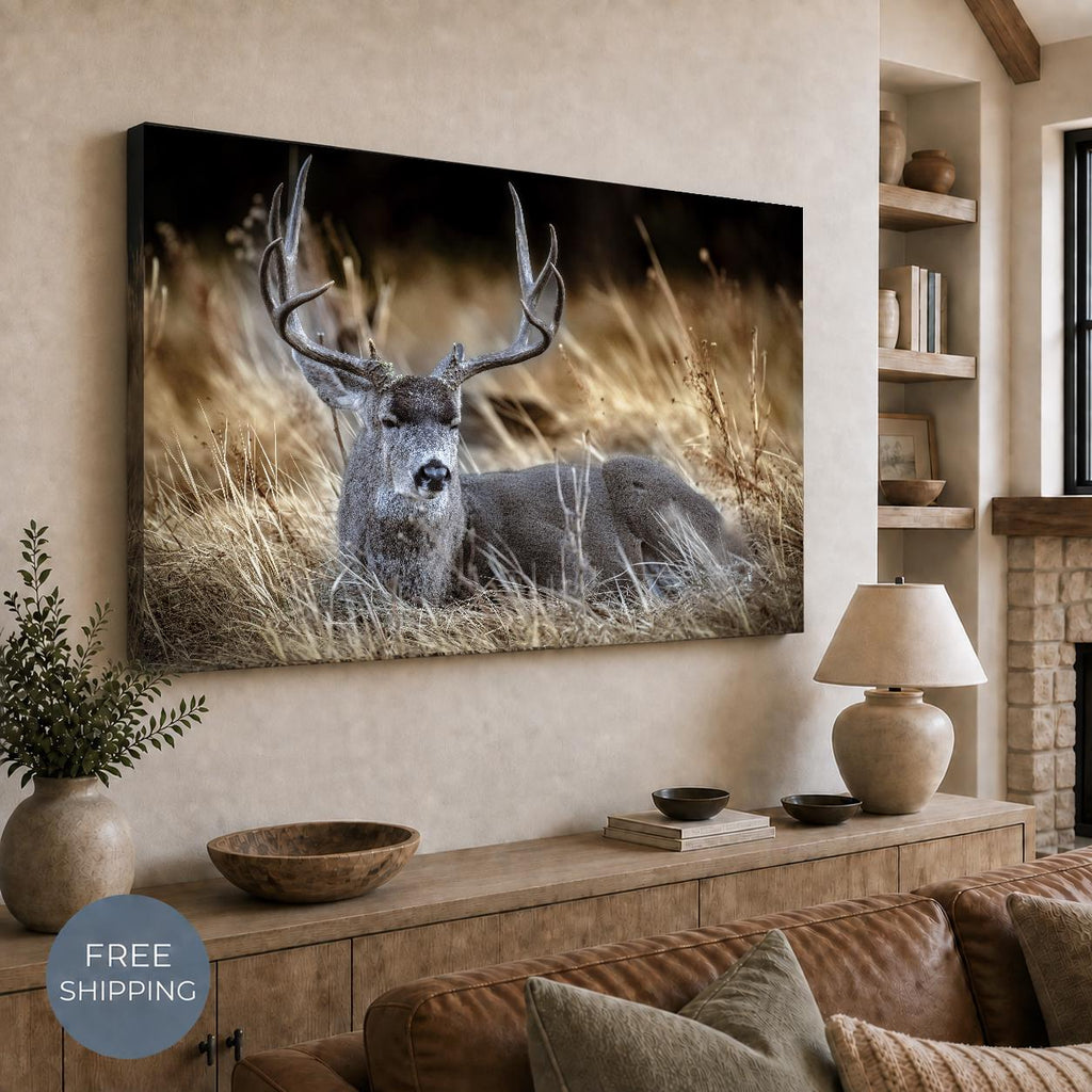Deer Wall Art, Buck Wildlife Photography Canvas, Rustic Cabin Framed or Unframed Canvas