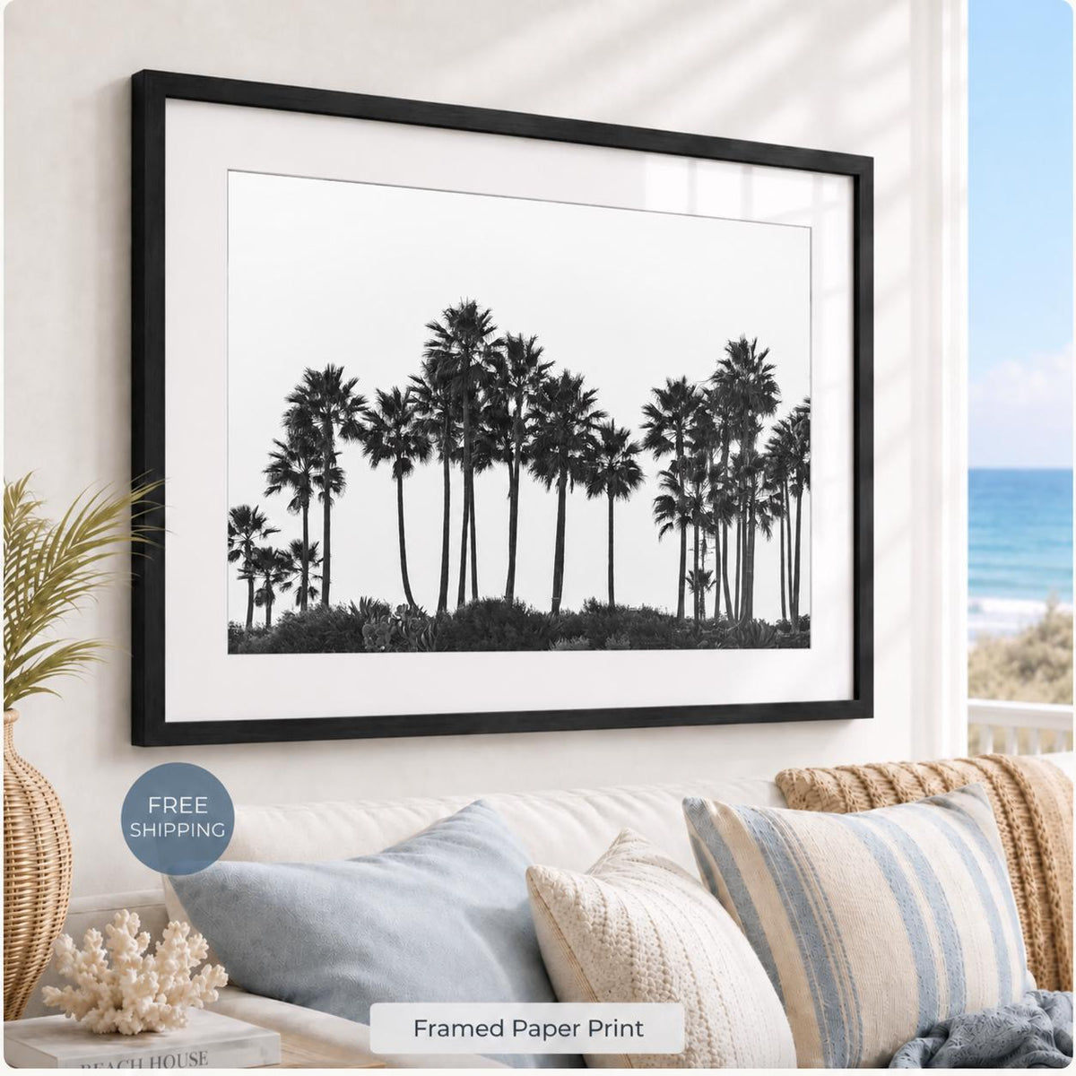 Framed Black and White Palm Tree Print, California Photography