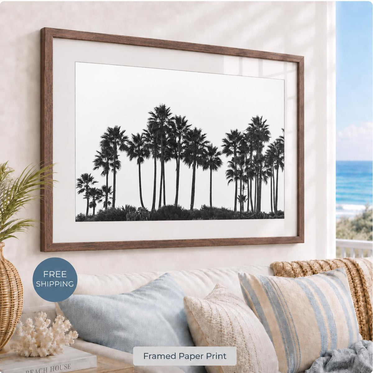 Framed Black and White Palm Tree Print, California Photography