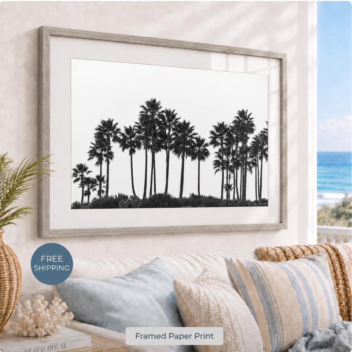 Framed Black and White Palm Tree Print, California Photography