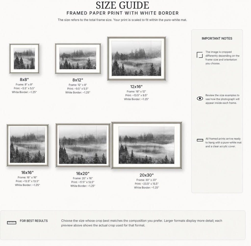 Size guide for one framed forest paper print with a white mat: 8x8, 8x12, 12x16, 16x16, 16x20, and 20x30 inches. Size includes the frame and mat. Examples show how square and rectangular crops differ.