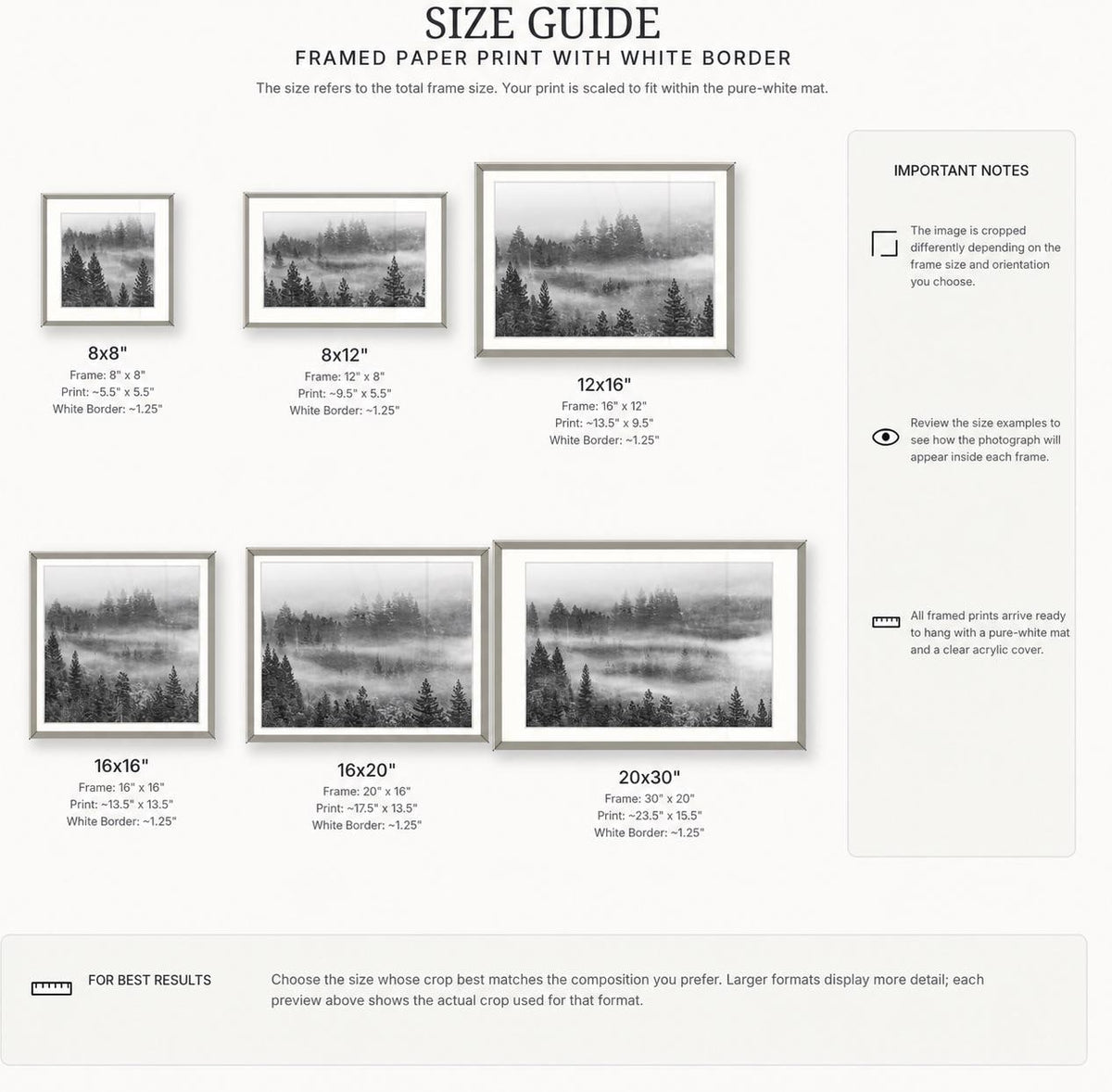 Size guide for one framed forest paper print with a white mat: 8x8, 8x12, 12x16, 16x16, 16x20, and 20x30 inches. Size includes the frame and mat. Examples show how square and rectangular crops differ.