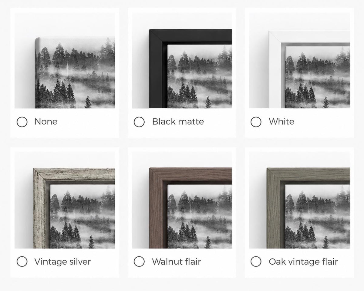 Frame options for the misty forest canvas: unframed, Black Matte, White, Vintage Silver, Walnut Flair, and Oak Vintage Flair, shown as six corner close-ups.