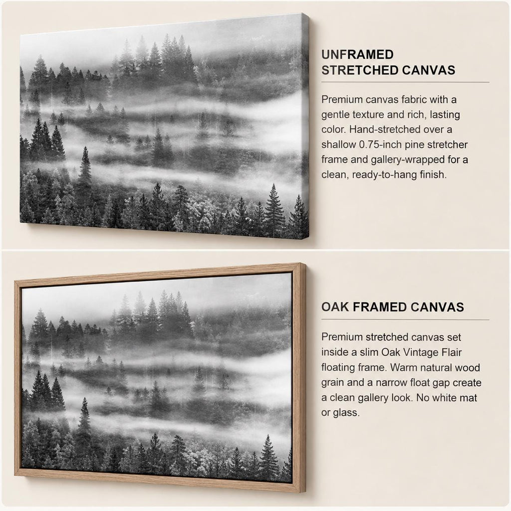 Comparison of unframed stretched forest canvas and Oak Vintage Flair framed canvas. Text describes the 0.75-inch pine stretcher, gallery wrap, narrow floating-frame gap, and no white mat or glass.