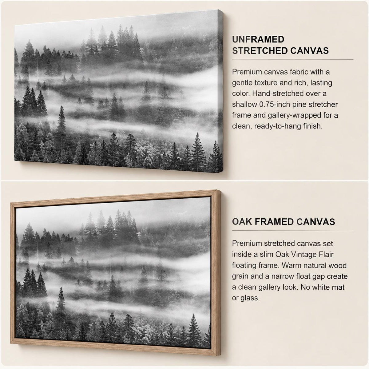Comparison of unframed stretched forest canvas and Oak Vintage Flair framed canvas. Text describes the 0.75-inch pine stretcher, gallery wrap, narrow floating-frame gap, and no white mat or glass.