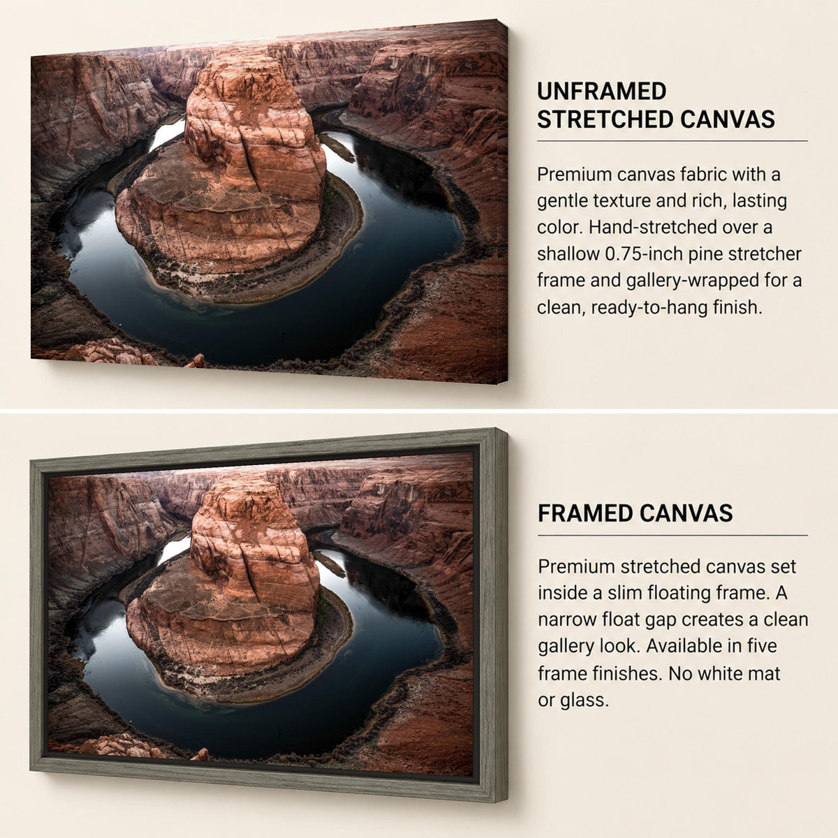 Horseshoe Bend canvas comparison: unframed stretched canvas with gallery-wrapped edges above, and canvas inside a slim floating frame below. Angled views show the canvas depth and narrow gap between canvas and frame.